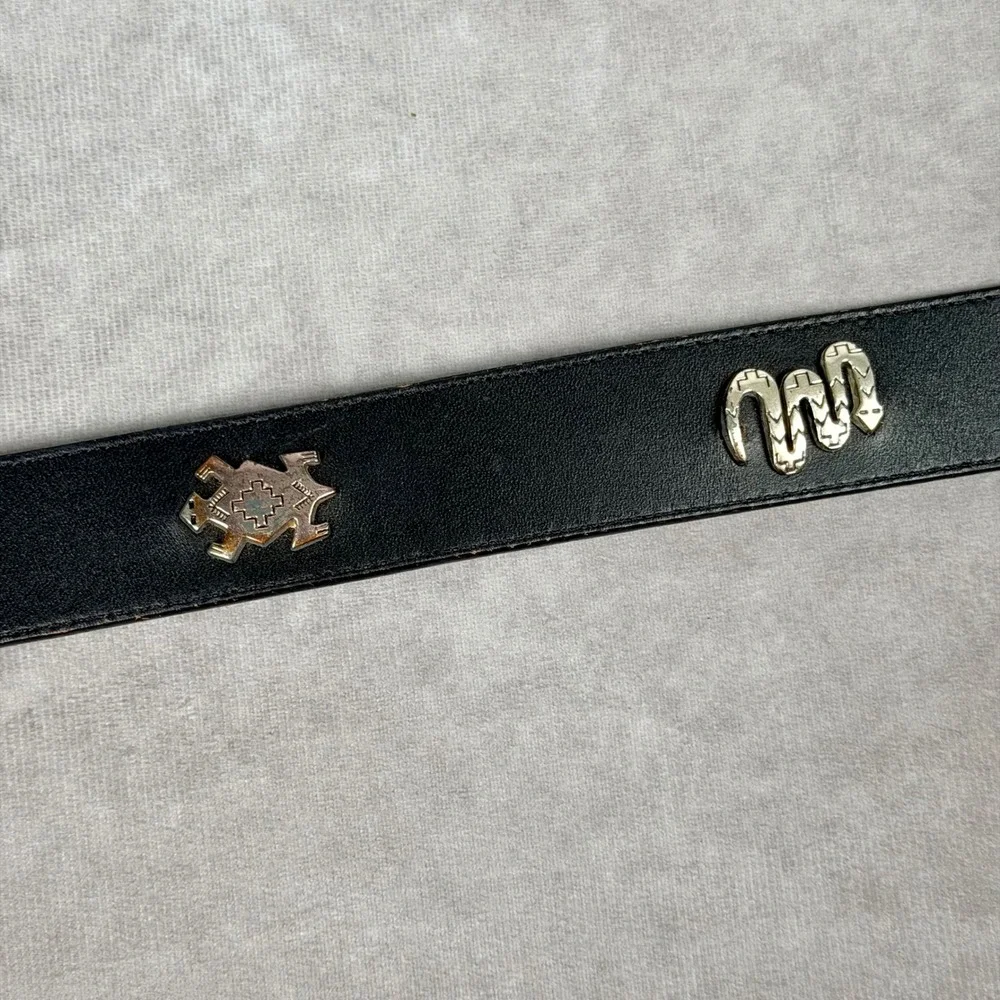 Vintage Silver Creek Black Leather Western Bull Skull Concho Belt 1990 USA Made